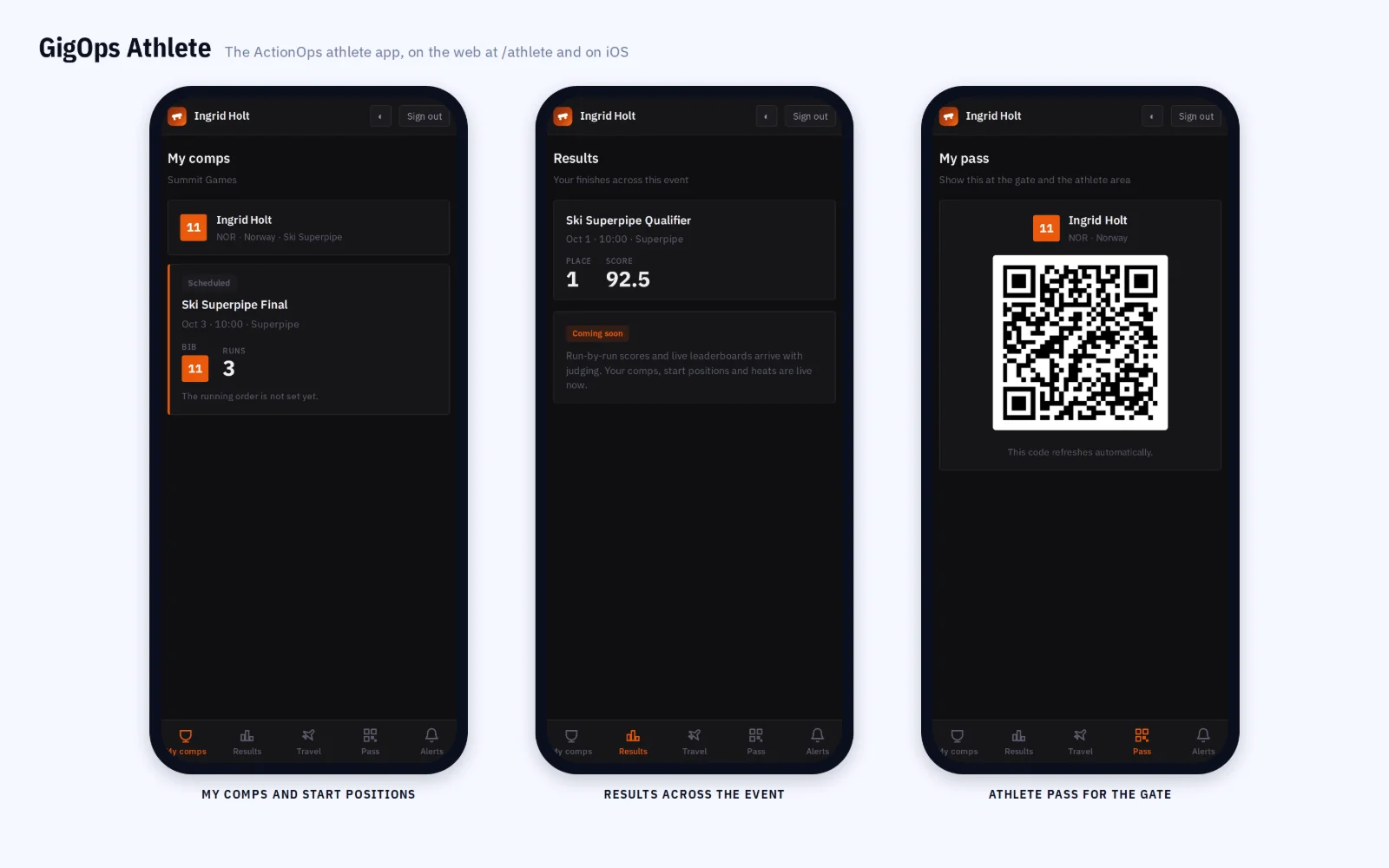 GigOps Athlete on three phones: my comps with practice slots, the athlete’s live place and runs, and the live leaderboard