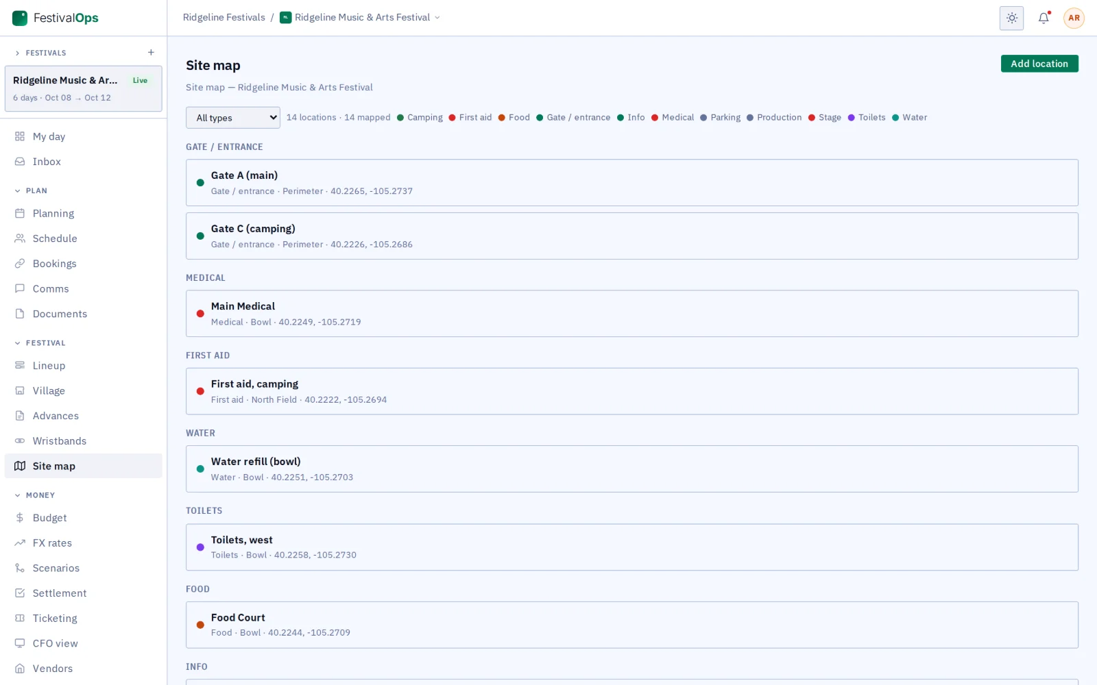 Site map points of interest (list view)