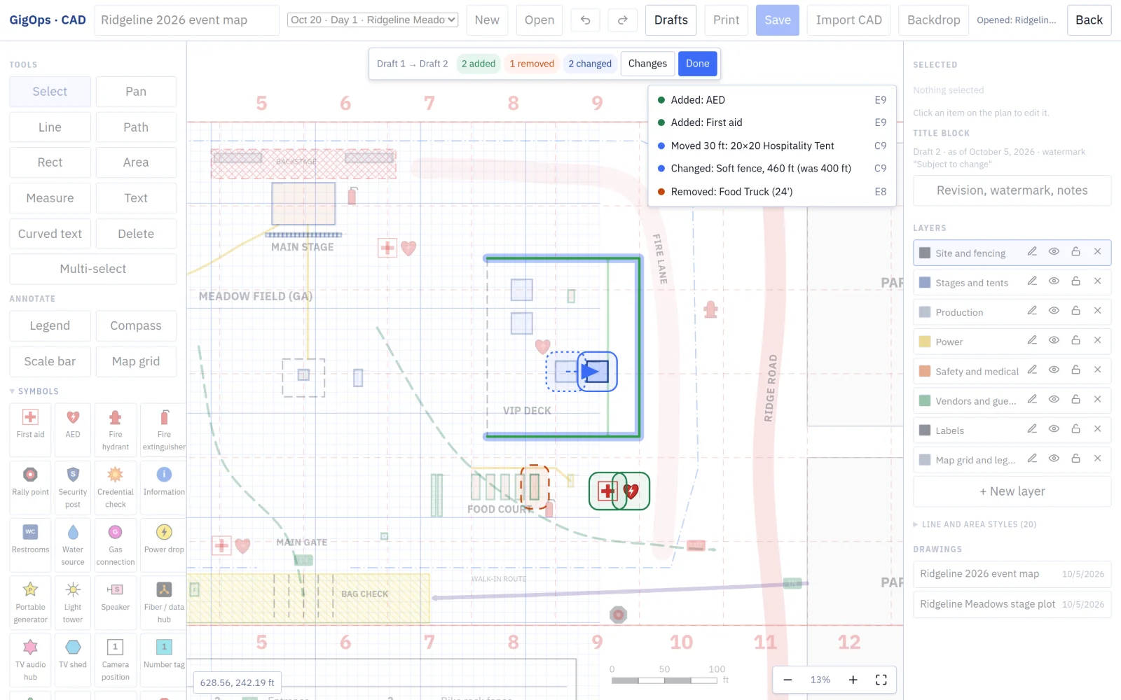 CAD draft compare, Draft 1 to Draft 2, with the changes listed