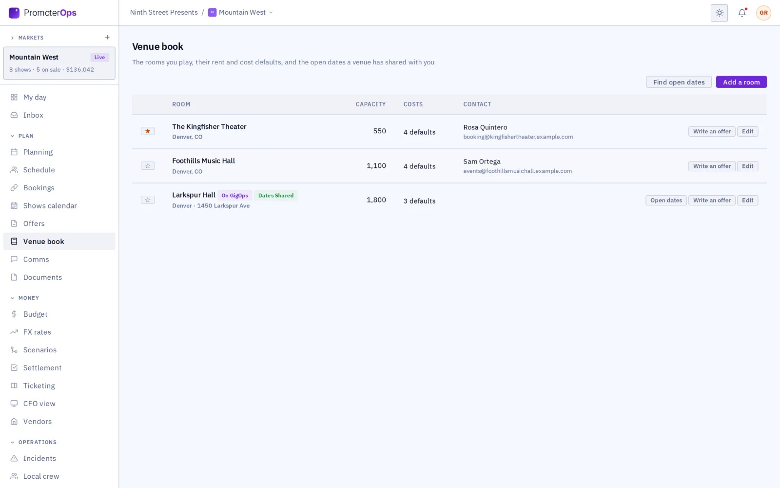 Venue book: rooms, cost defaults, a venue on GigOps