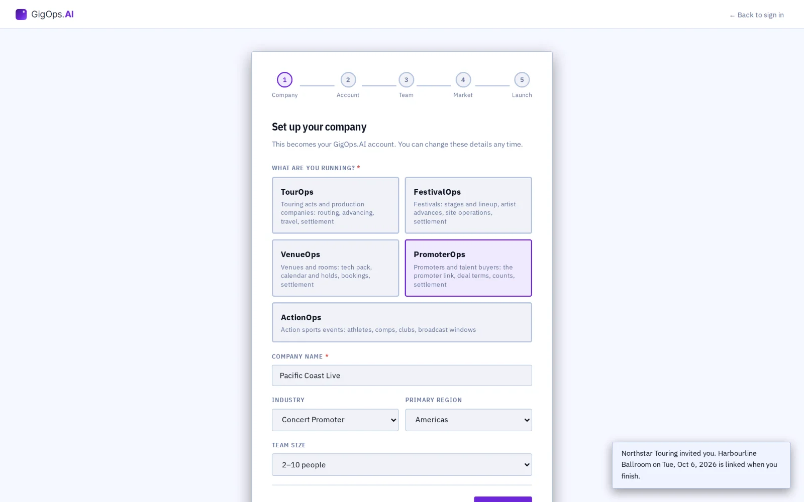 The sign-up form opened from a tour’s invitation, filled in